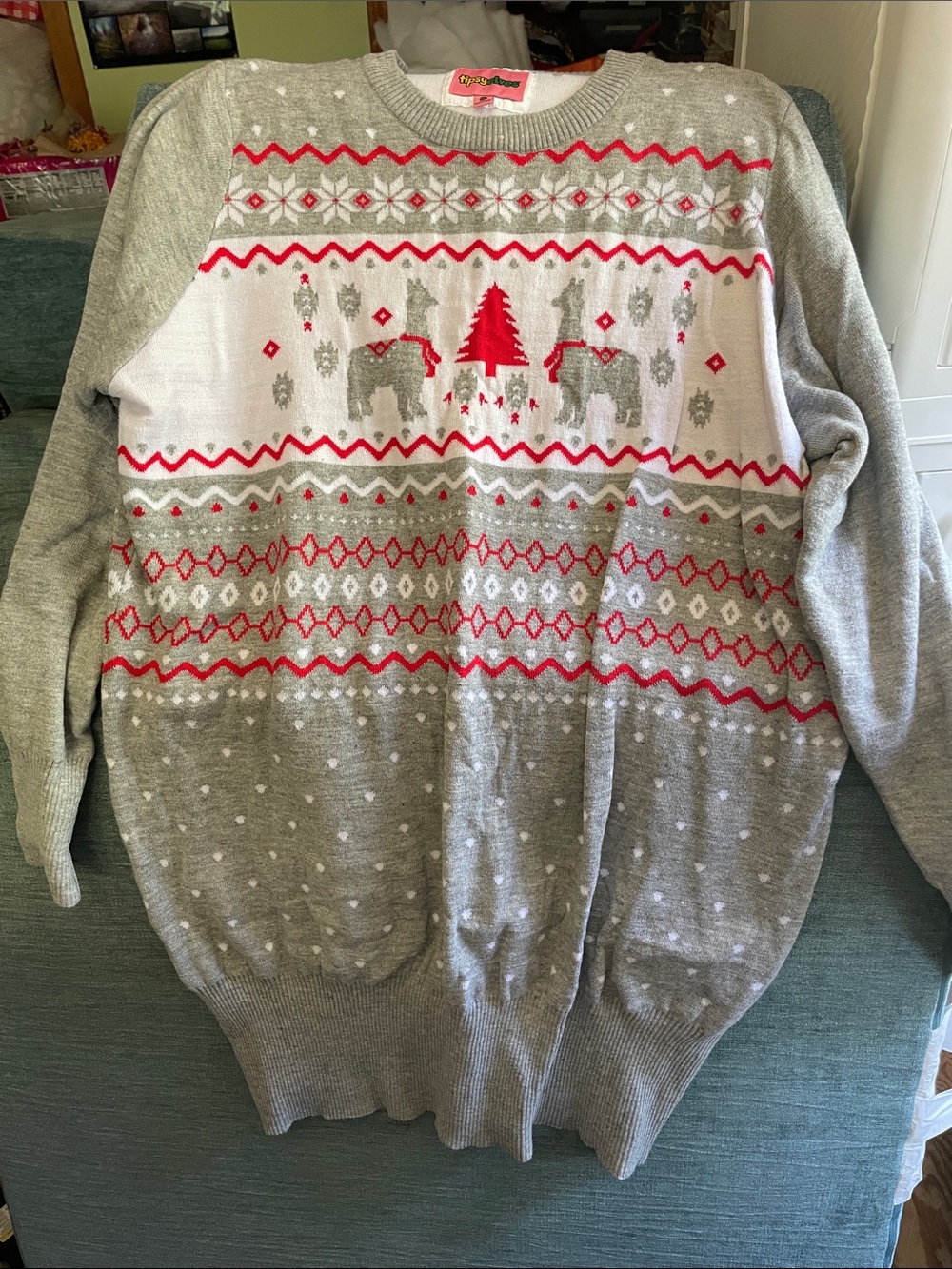 Tipsy Elves Gray, White & Red Reindeer Fair Isle Crewneck Sweater Dress